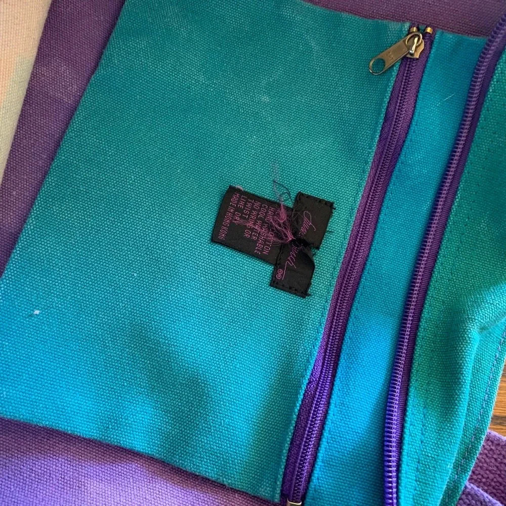 Laurel Burch Cat Canvas Tote Bag Purple Teal Pink Geometric Art Zipper Shoulder